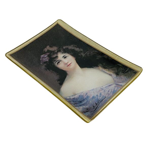 Asti Glass Pin Vanity Ring Dish Small Tray Edwardian Victorian Woman Portrait - Picture 3 of 7